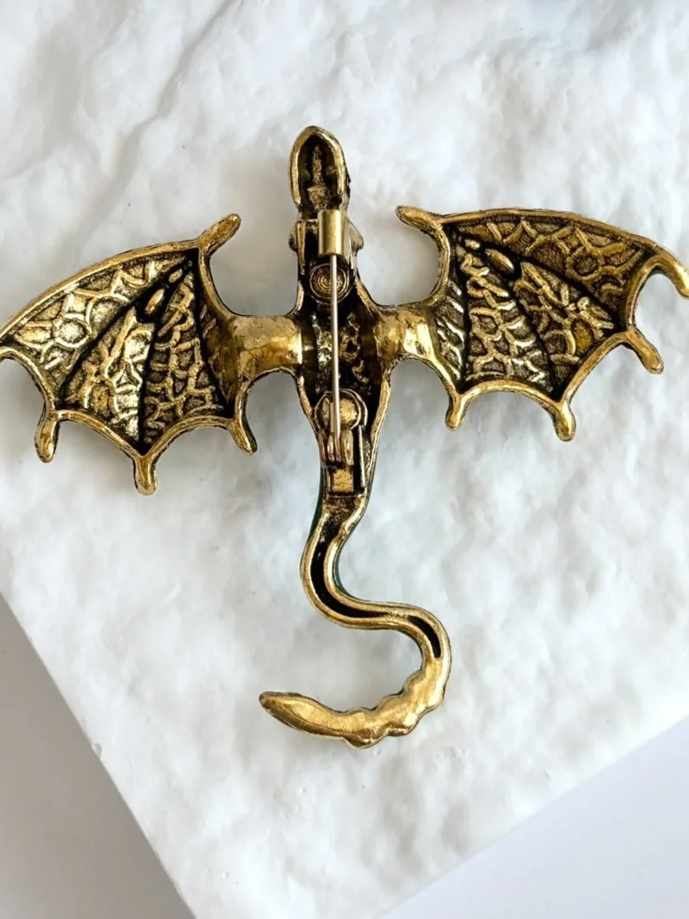 Dragon Figural Green Enameled Rhinestone Accented Gold Toned Brooch Pin